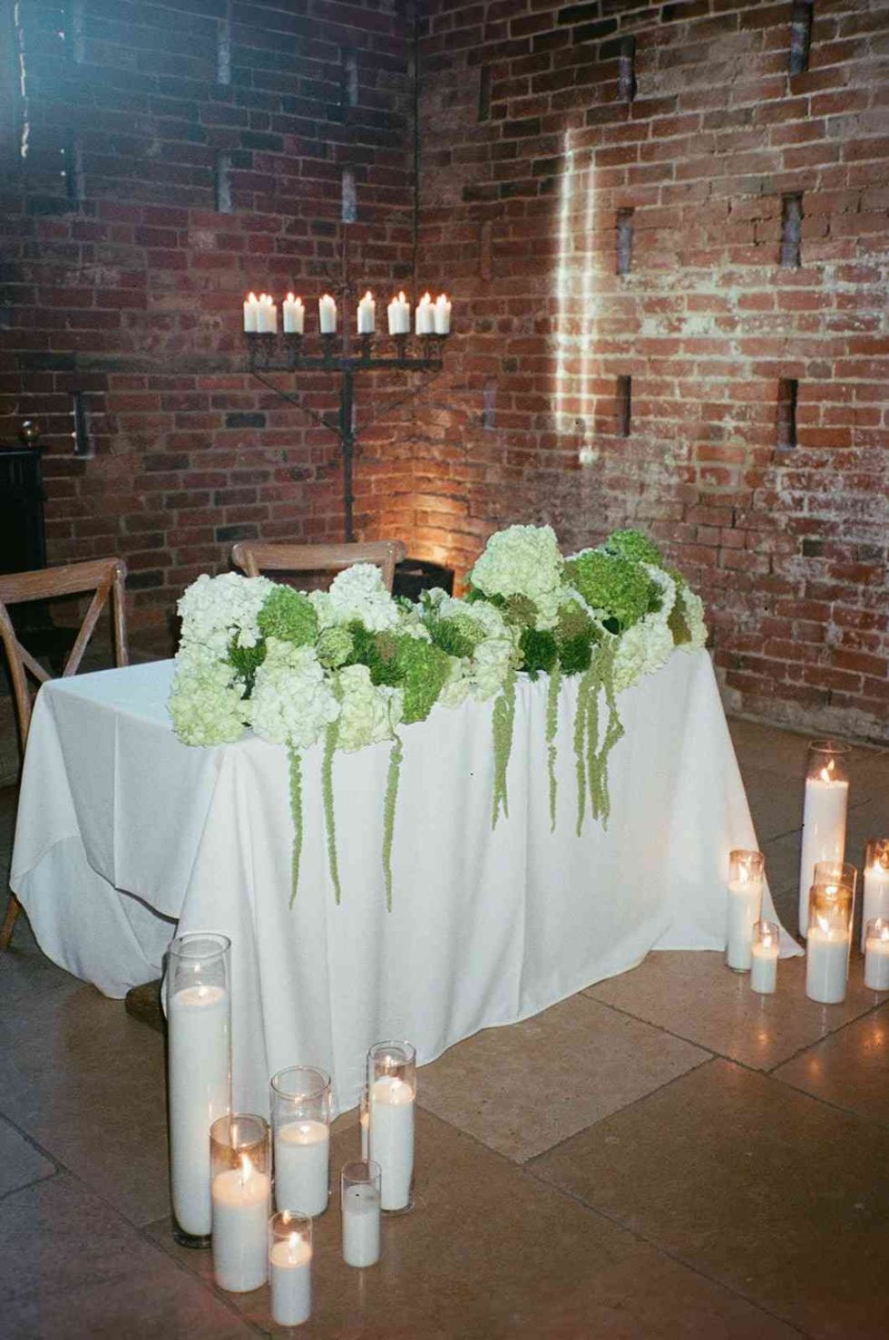 green hydrangea wedding table decor at grangefields barn on 35mm film