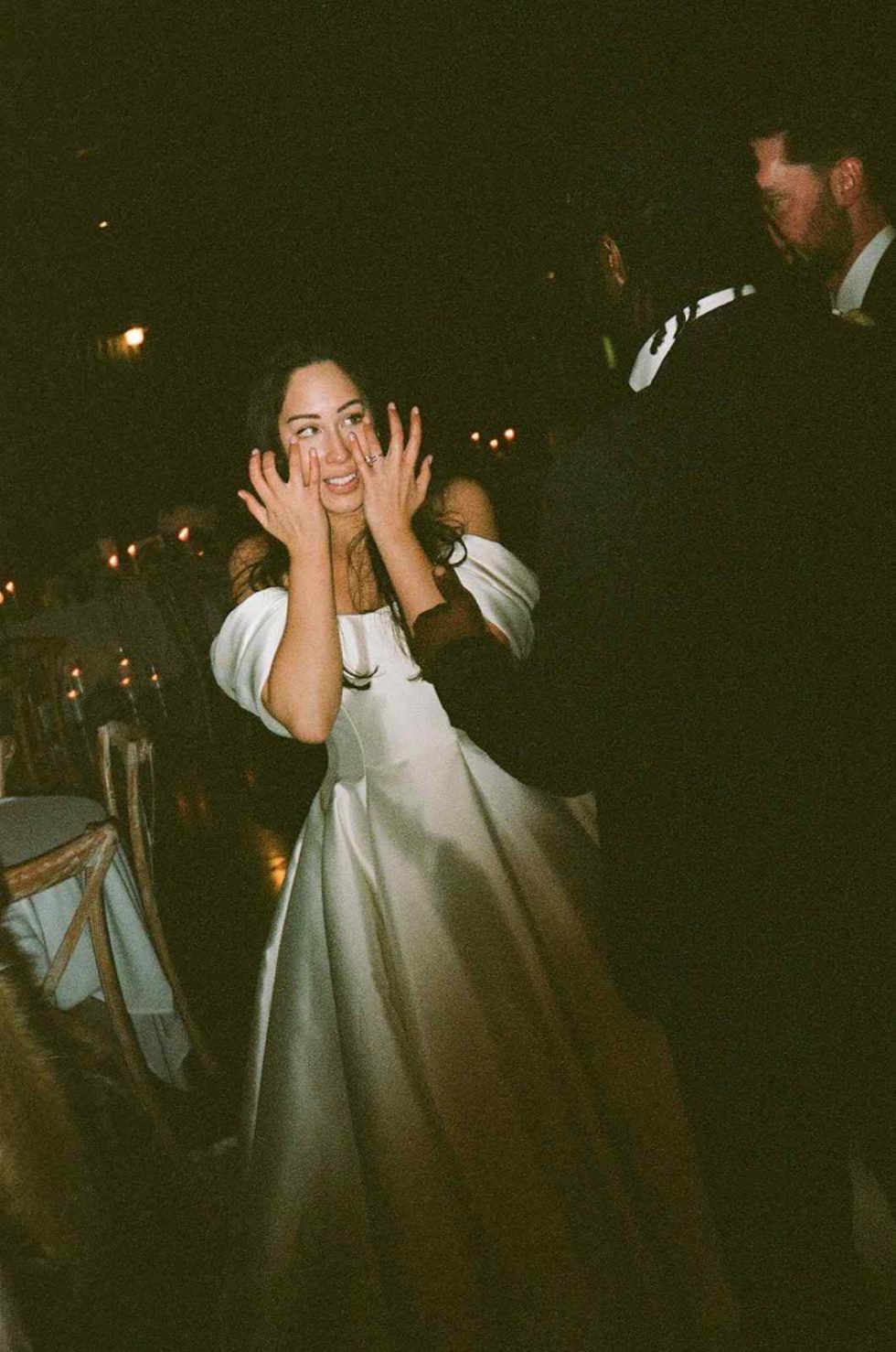 bride wipes away tears captured on 35mm film at grangefields wedding
