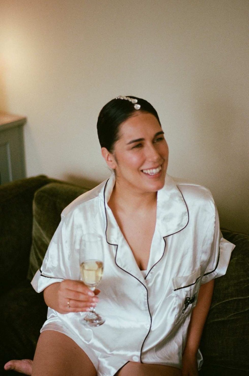 film photography of bride in pyjamas on wedding morning